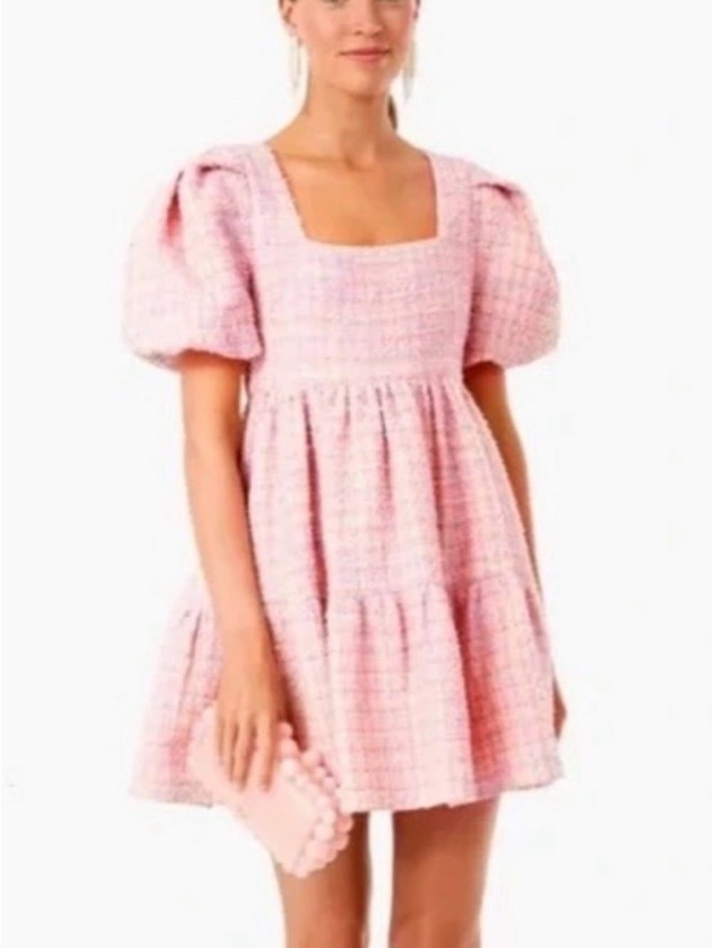Hyacinth House Pink Tweed Puff-Sleeve Mini Dress